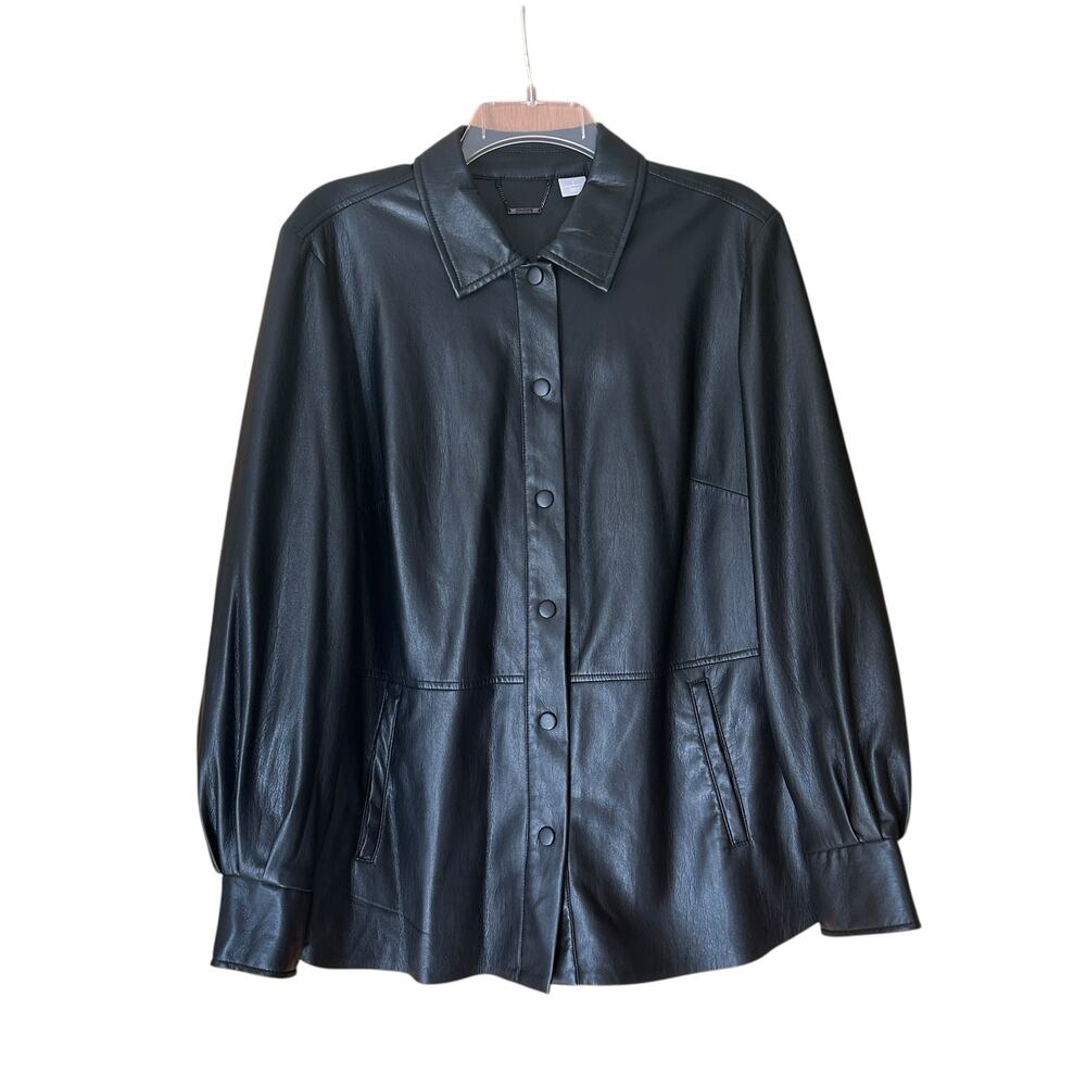 Chico's‎ Shacket Jacket Black Faux Leather Chico Size 2/ L Classic Quiet Luxury